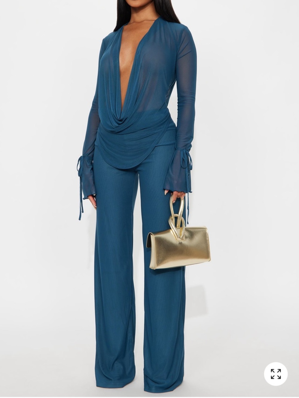Two Piece Teal Deep V-Neck Mesh Pants Set